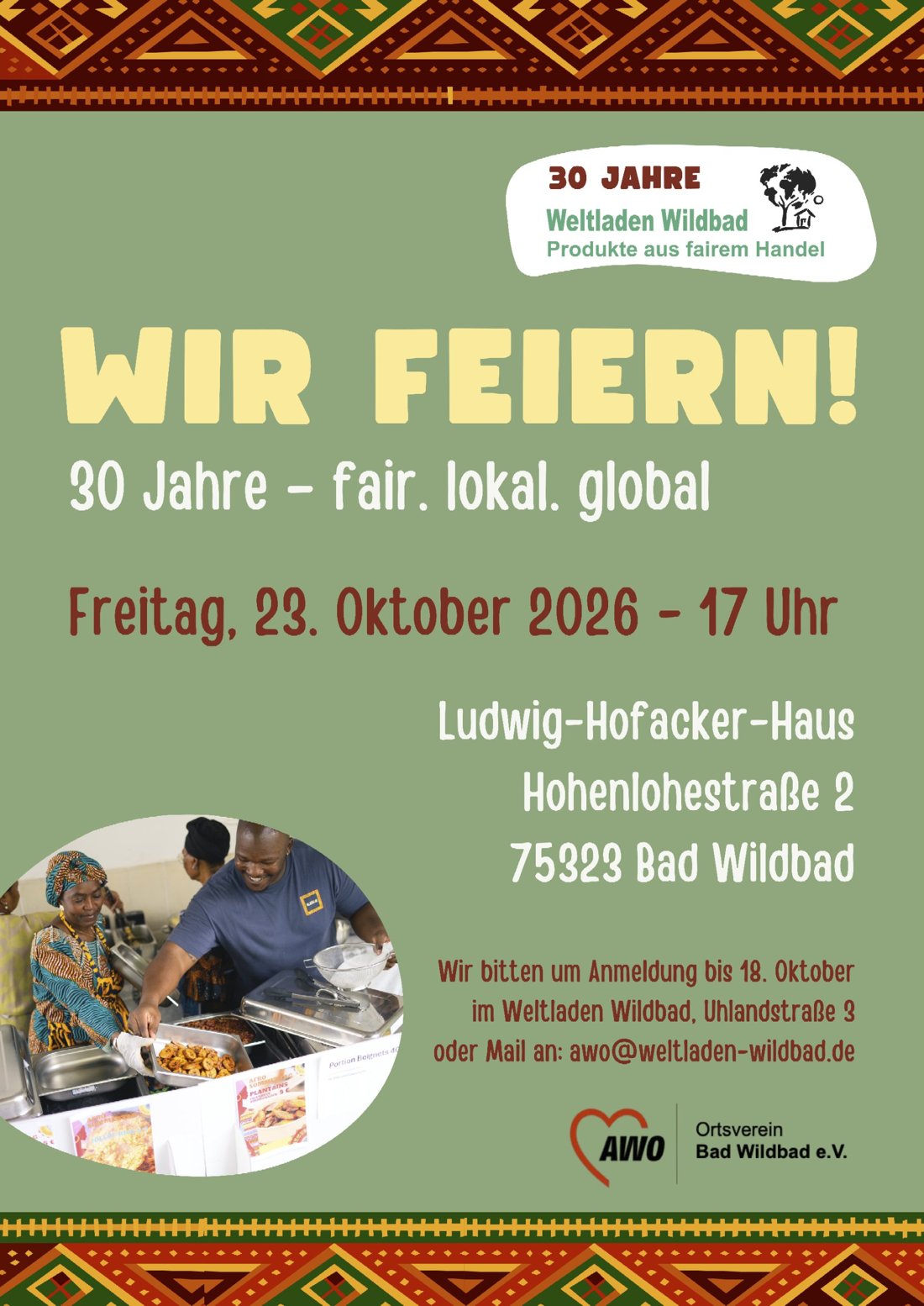 Flyer: 30 Jahre Weltladen Wildbad – Jubiläumsfeier am 23. Oktober 2026 mit Catering von OTIAA